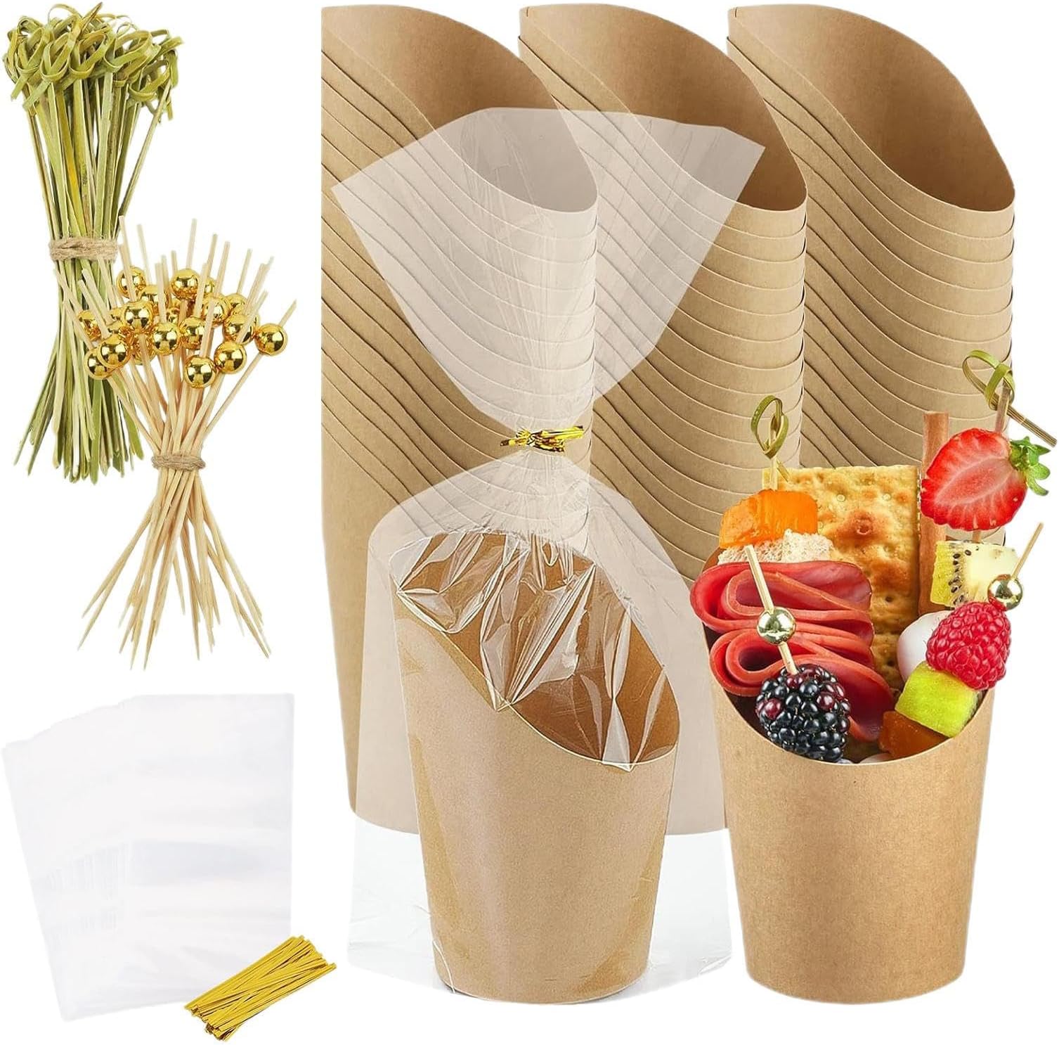 Individual Sausage Cups: 14 Oz Snack Cup with Sticks, 50 Cups, 50 Bags, Set of 200 Picks | Small Cup for Serving Dessert Parties, for Birthday, Holiday, Wedding,