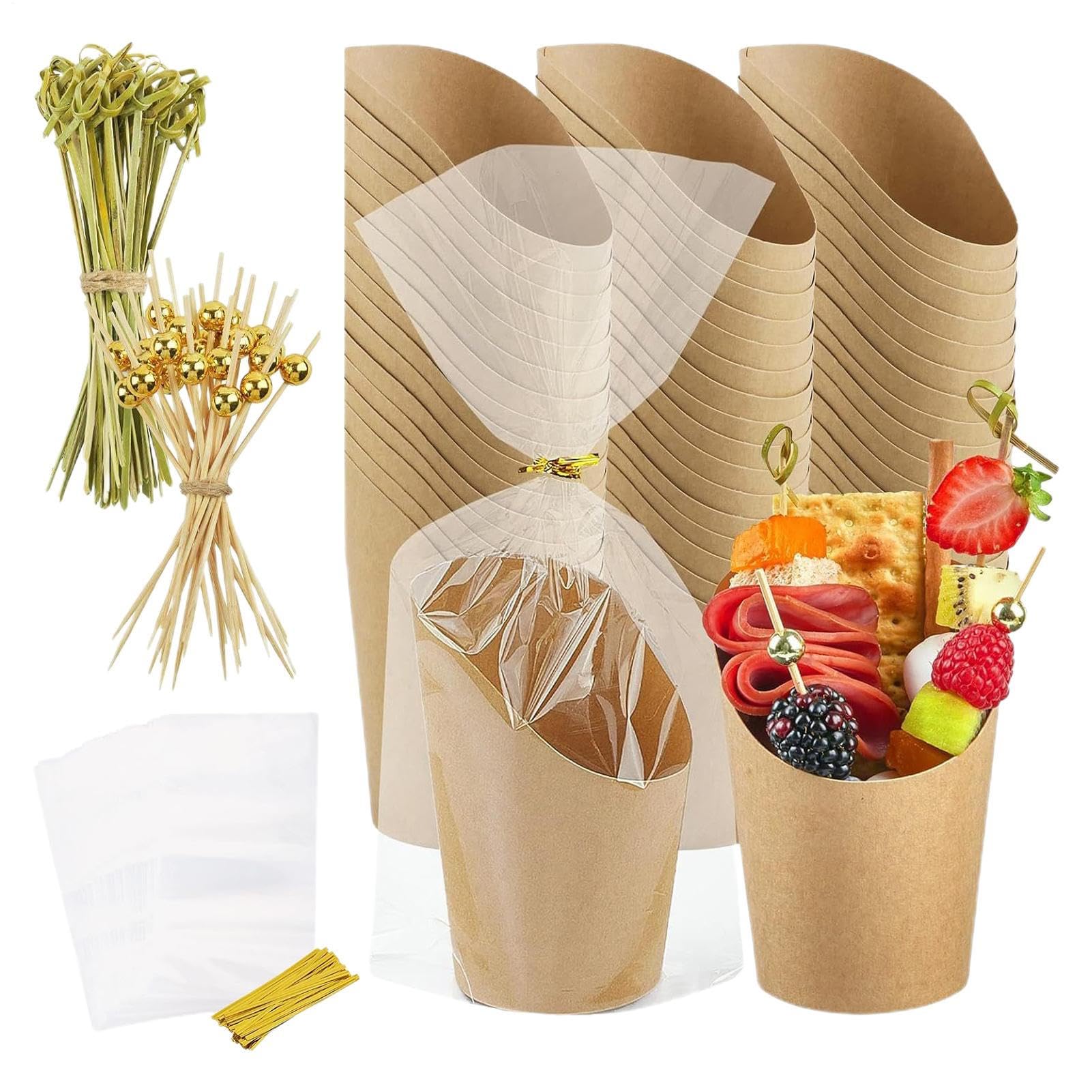 Individual Sausage Cups: 14 Oz Snack Cup with Sticks, 50 Cups, 50 Bags, Set of 200 Picks | Small Cup for Serving Dessert Parties, for Birthday, Holiday, Wedding,