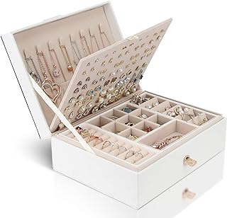 Chelory Jewelry Box Jewelry Organizer for Women Girls Earrings Necklace Bracelets Rings, 3 Layer Large PU Leather Lockable Jewelry Case Storage with Stackable Layer Removable Tray, White