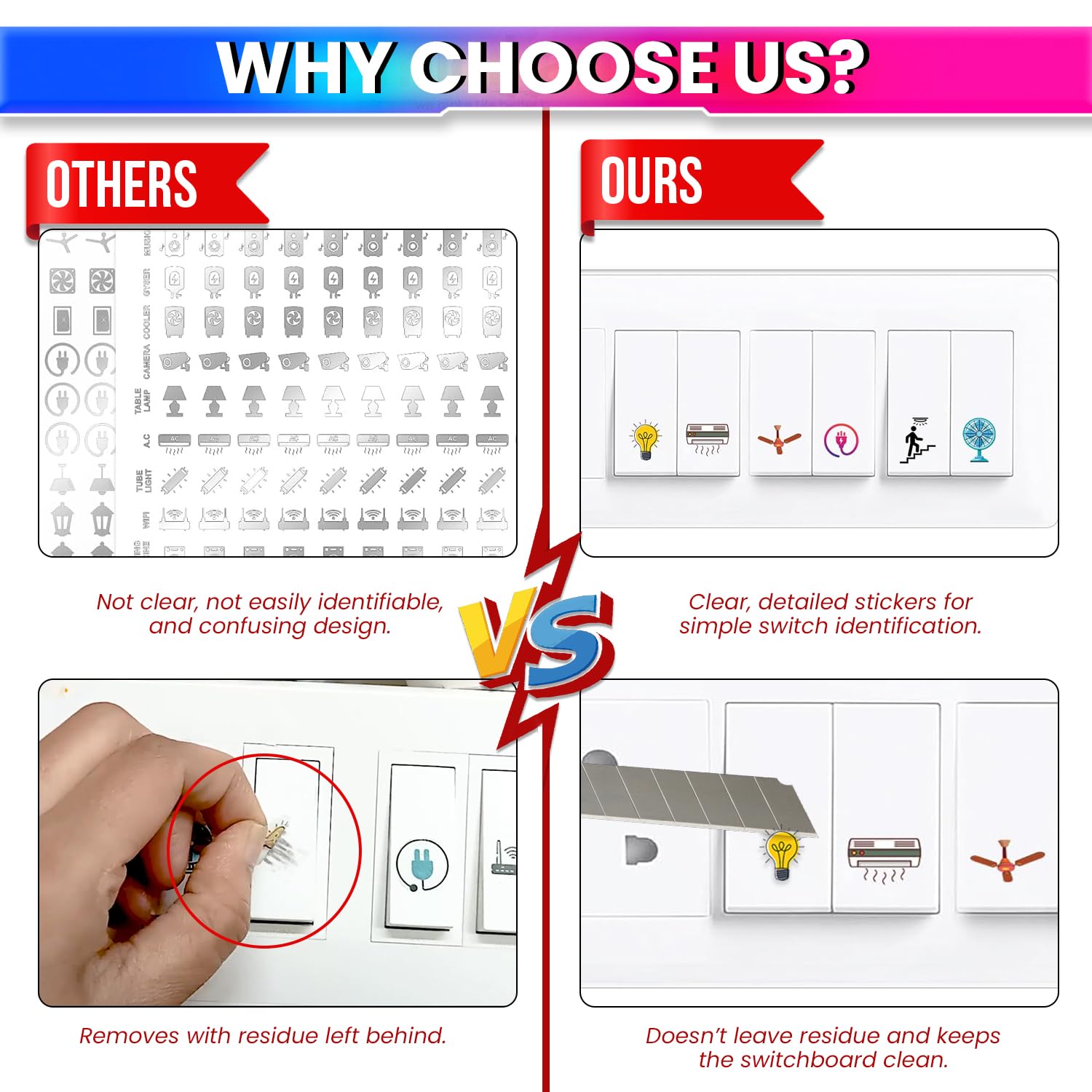 amiciCare Switch Board Stickers – 42 Embossed Self-Adhesive Unique Design 3