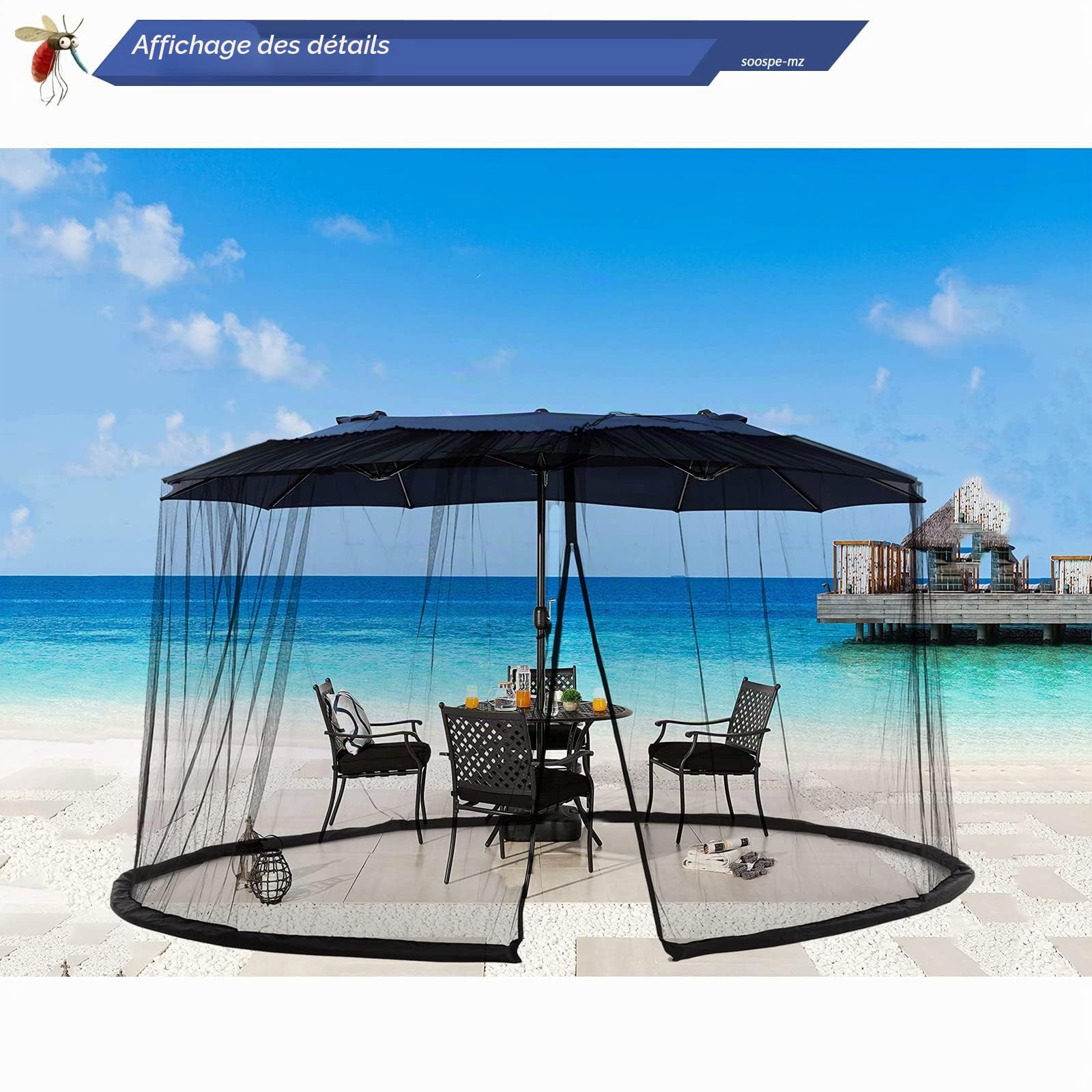Moustiquaire Double Face de 4,5 m pour Parasol de terrasse et tonnelle de 3 x 3 m (Noir) (ne Contient Pas d'ombrela de tonnelle) (4,6 m, Noir)