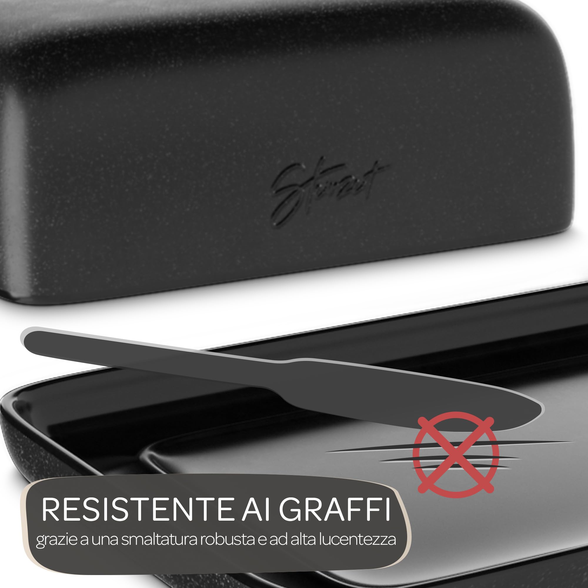 Steinzeit Burriera Design - Porta burro da frigorifero - burriera in ceramica per tutti i tipi di burro comuni (250 g) - Piatto per burro adatto alla lavastoviglie - portaburro da frigo