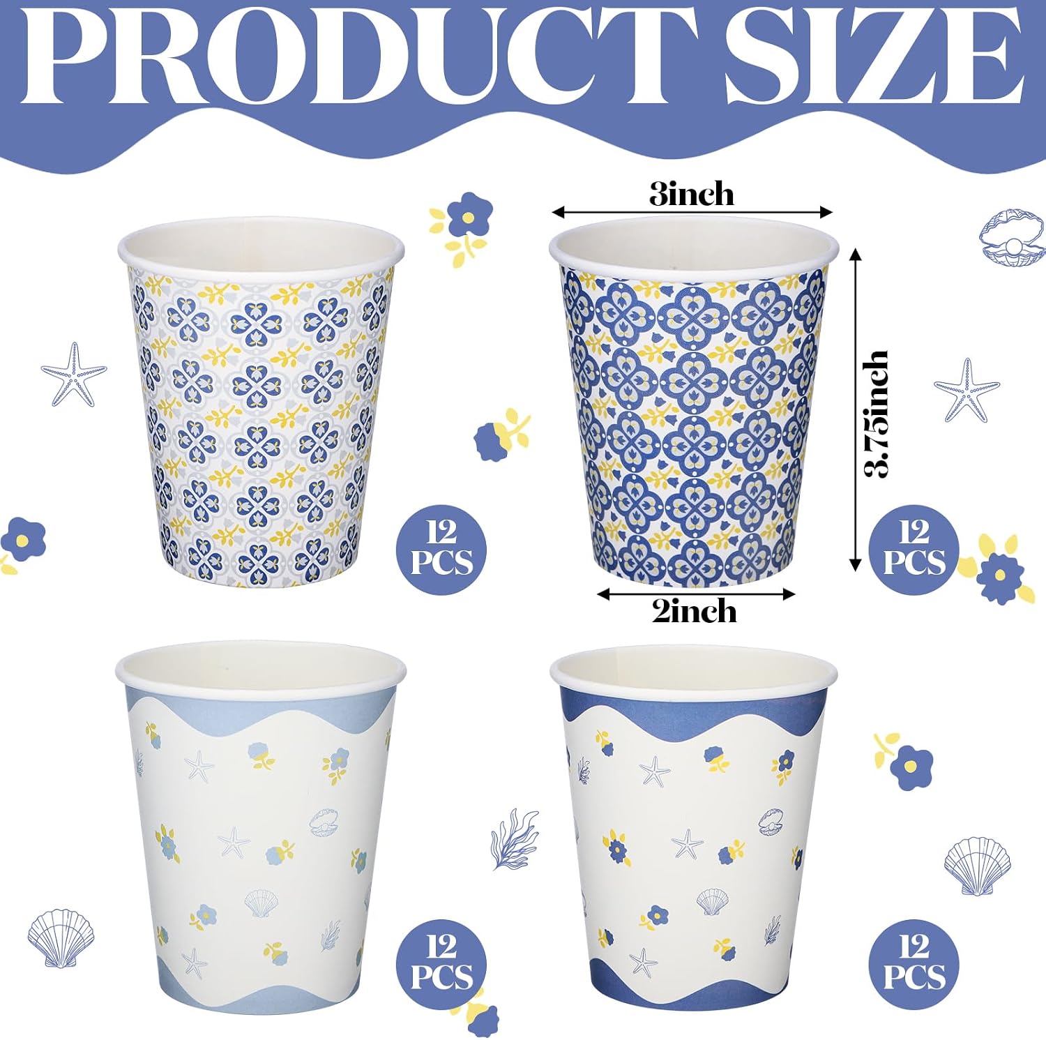 Yungyan 48 Pcs Blue Coastal Paper Cups 9oz Last Toast on The Coast Bachelorette Party Supplies Beach Wavy Floral Cups Seashells and Wedding Bells Decoration for Ocean Seaside Dinner Bridal Shower