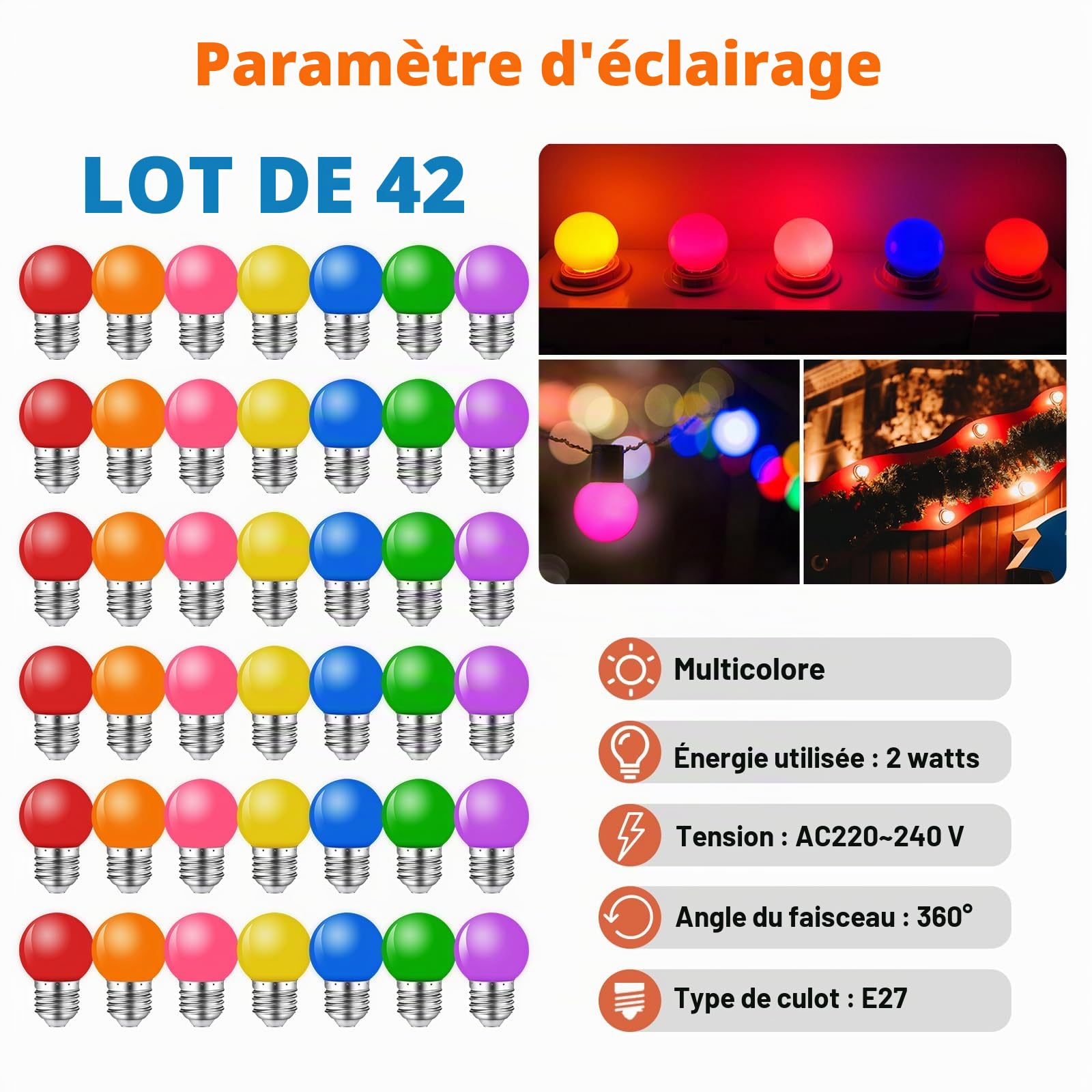 Lot de 42 Ampoules Couleur E27 LED 2W,Ampoule Couleur E27 Extérieur,G45 pour Guirlande Lumineuse Décoration de Noël de fête,Rouge Vert Bleu Orange Jaune Rose Violet,Plastique