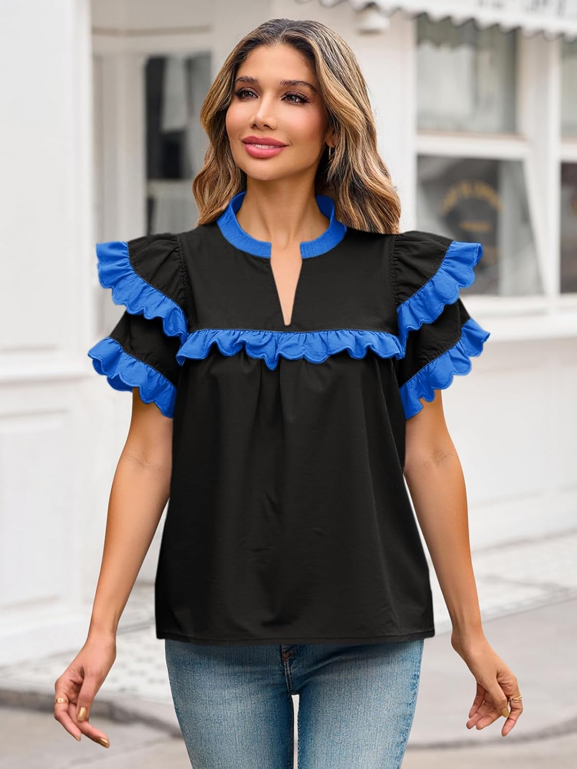 Tankaneo Womens Ruffle Sleeve Babydoll Tops Color Block Summer V Neck Pleated Blouse Dressy Casual Loose Fit Shirts - Image 3