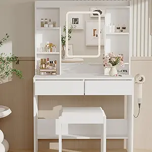 GarveeHome Vanity Desk with Mirror and Lights, for Bedroom,Includes Padded Stool, Easy to Assemble, Storage Drawers, USB Outlets, Hairdryer Holder, Adjustable LED Light with 3 Lighting Modes