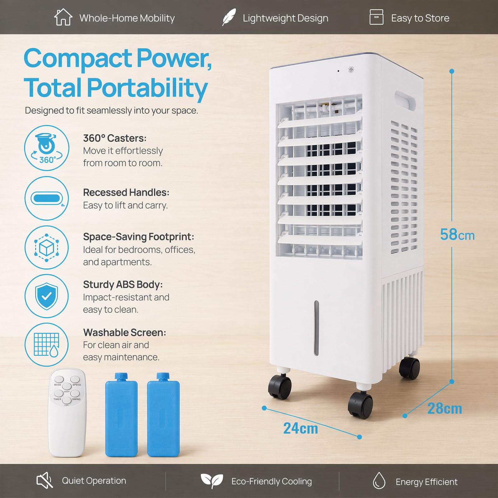 Rafraîchisseur d'air 4-en-1 Mobile sans Tuyau d'évacuation, Réservoir 12L avec 2 Blocs de Glace, Climatiseur Portable, Humidificateur, Purificateur, Télécommande, Minuterie 7.5h