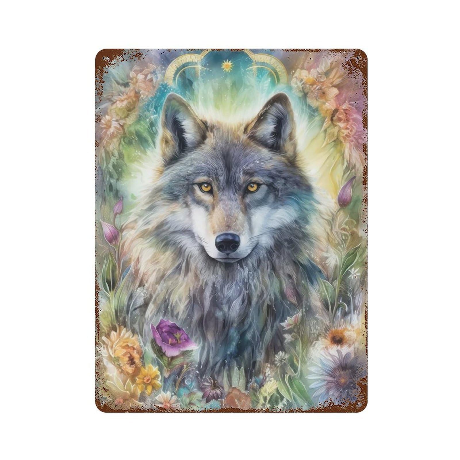 Rust Effect Spiritual Wolf Rustic Tin Plaque 15.7"x11.8", Classic Wall Plaque for Shed, Workshop And Garage Wall Decor