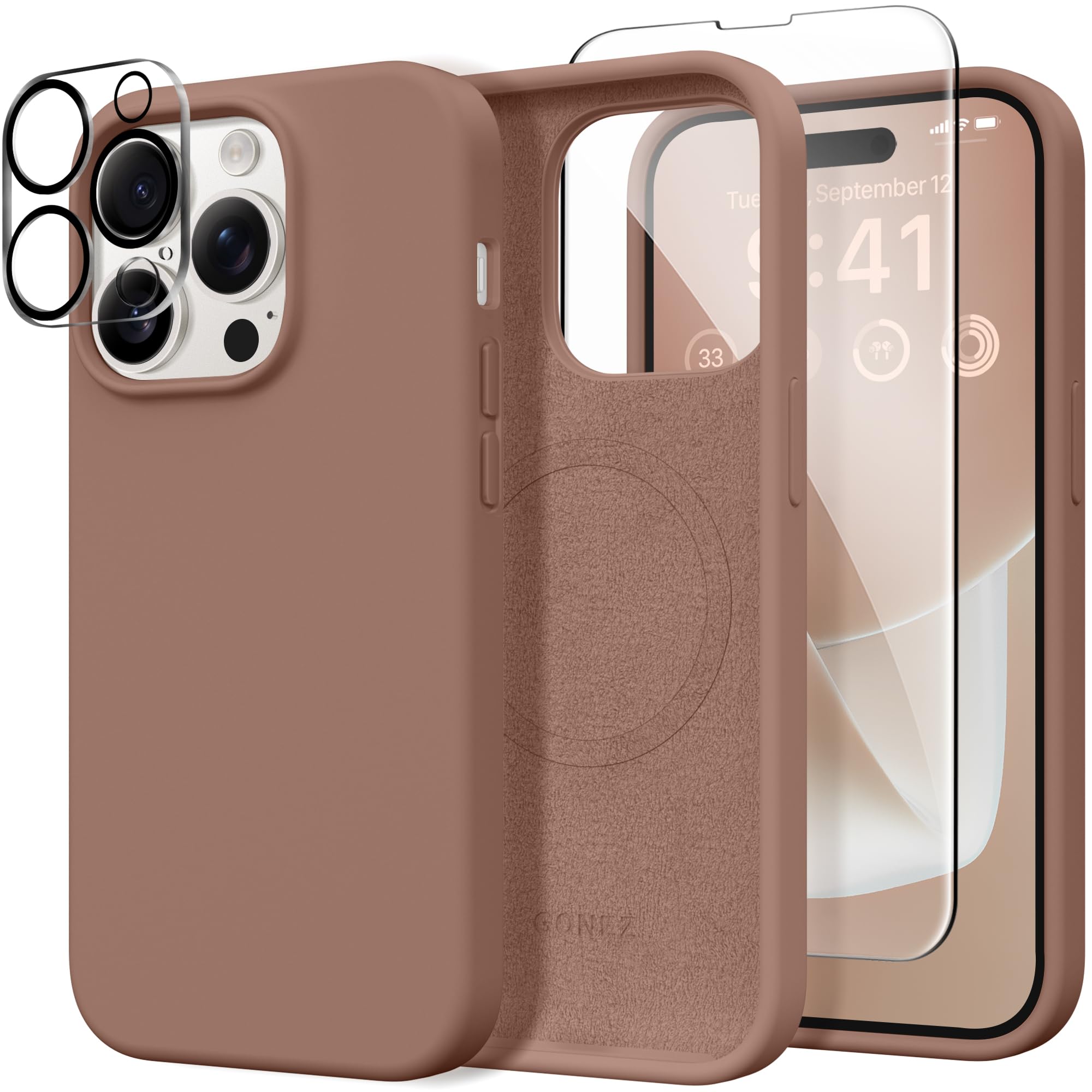GONEZ for iPhone 14 Pro Max Case Silicone, Compatible with MagSafe, with Screen Protector + Camera Lens Protector, Liquid Silicone Shockproof Protective Phone 14 ProMax Case 6.7", Brown