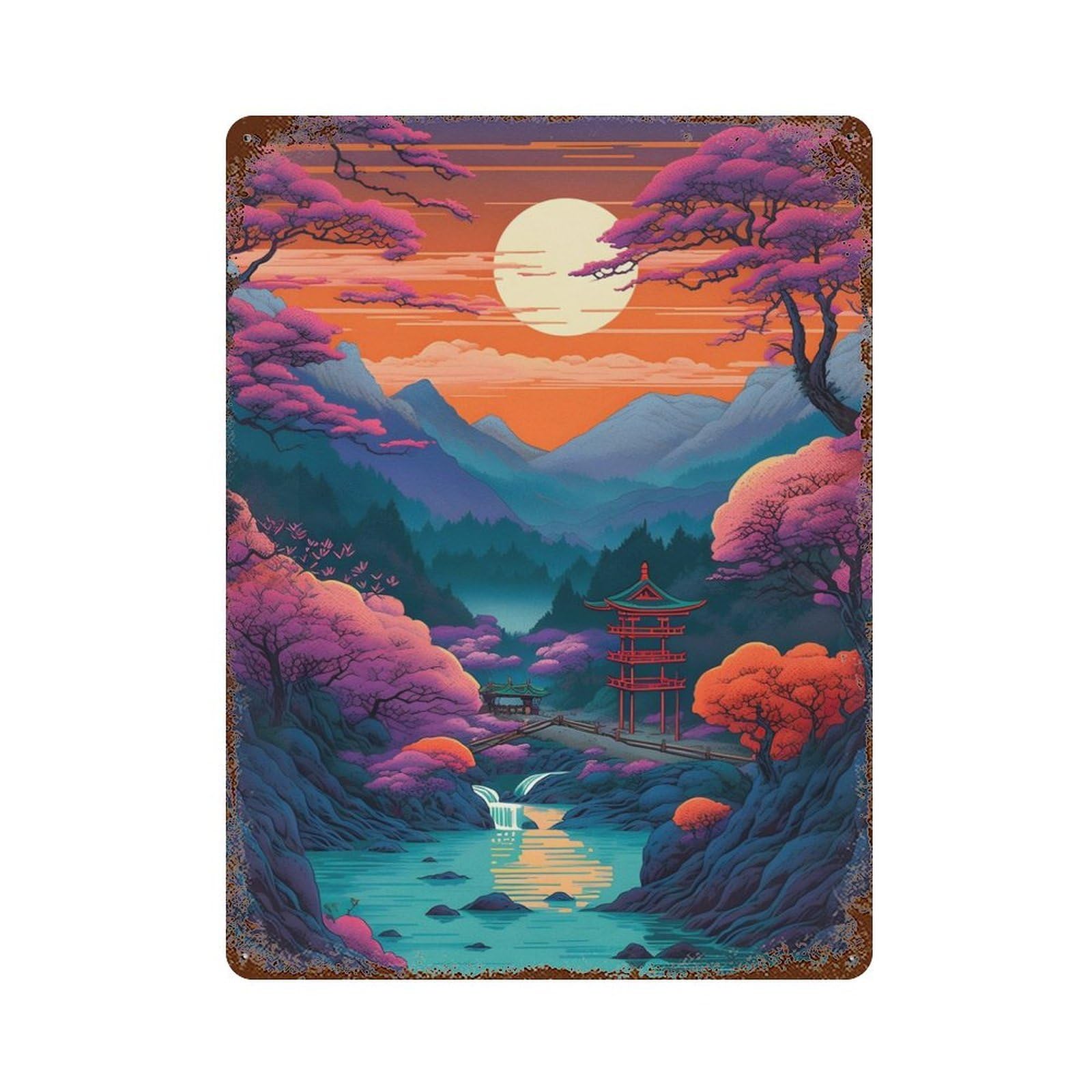 Amazing Landscape Japan Vintage Wall Sign 15.7"x11.8", Rust Effect Metal Decor for Patio, Garden Room And Bar Decor