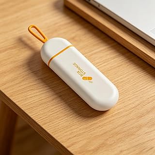 Portable Pill Storage Box,Mini Travel Pill Organizer with Hanging Rope,Small and Cute Dispenser Tracking Container for Drugs,Capsules,Fish Oil,Tablets,Antibiotics(White Orange)
