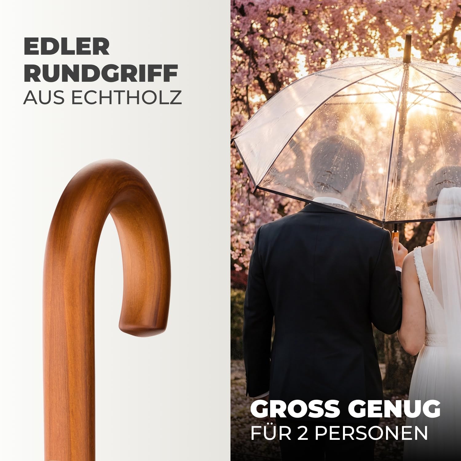 LOGAN & BARNES Durchsichtiger Regenschirm Hochzeit Echtholzgriff Ø120cm Transparent XXL Modell CARDIFF