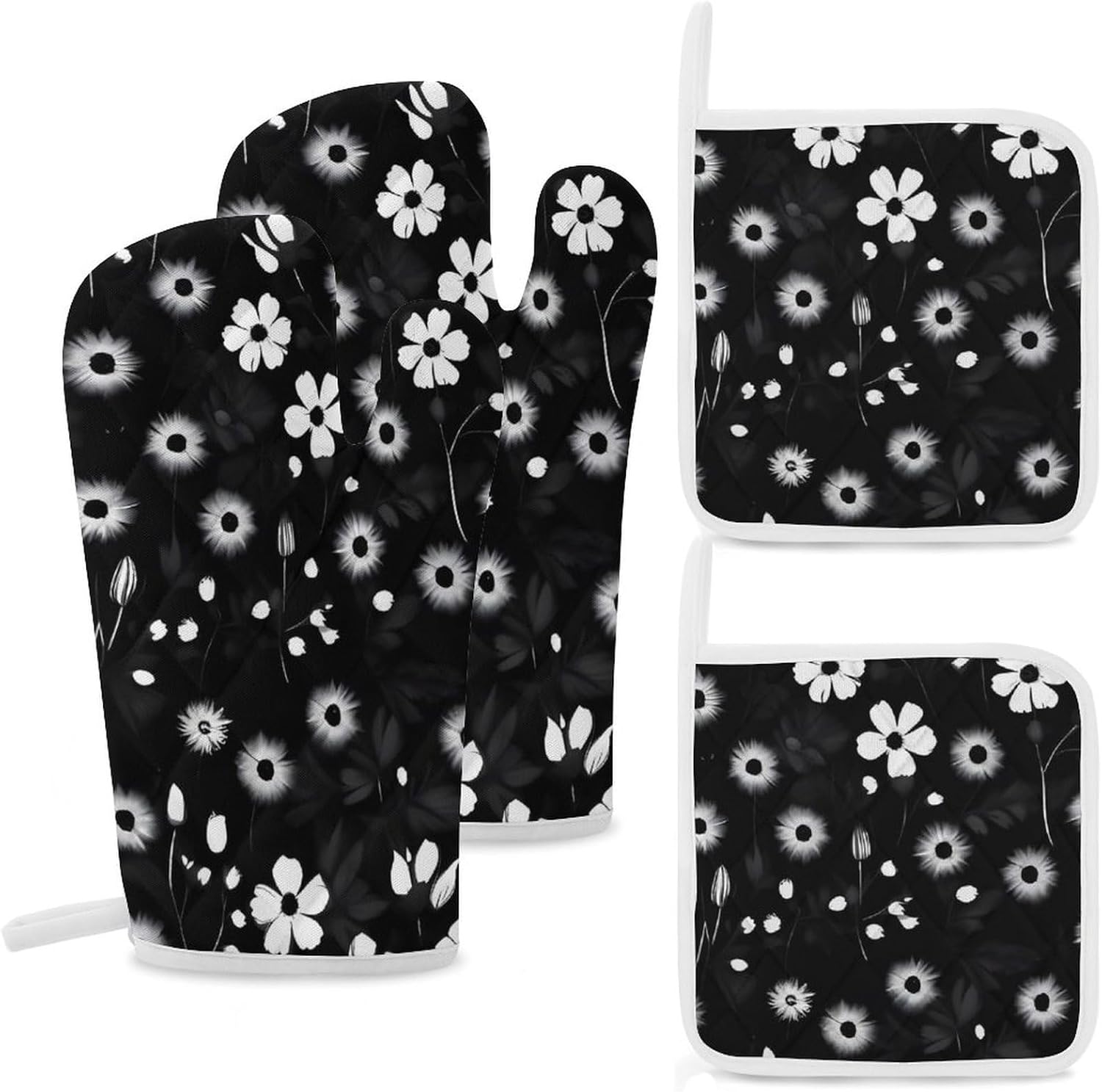 Oven Mitts Pot Holders Kitchen Black and White Floral Print Heat Resistant Oven Glove for Baking and Cooking