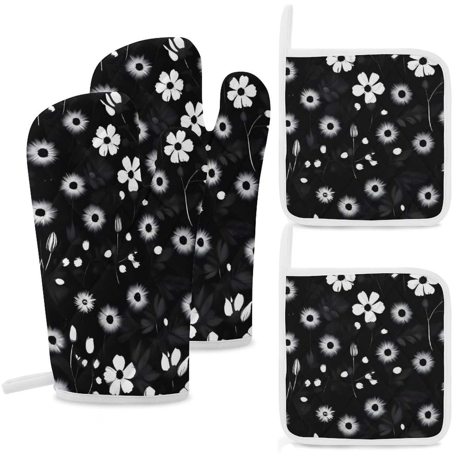 Gants de cuisine résistants à la chaleur style floral noir et blanc chic