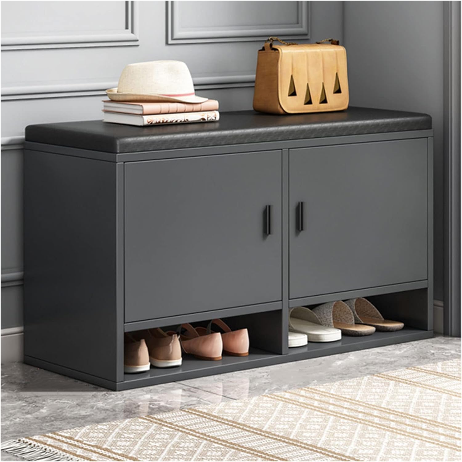 Meuble à chaussures en bois massif avec banc rembourré et étagère de rangement pour entrée