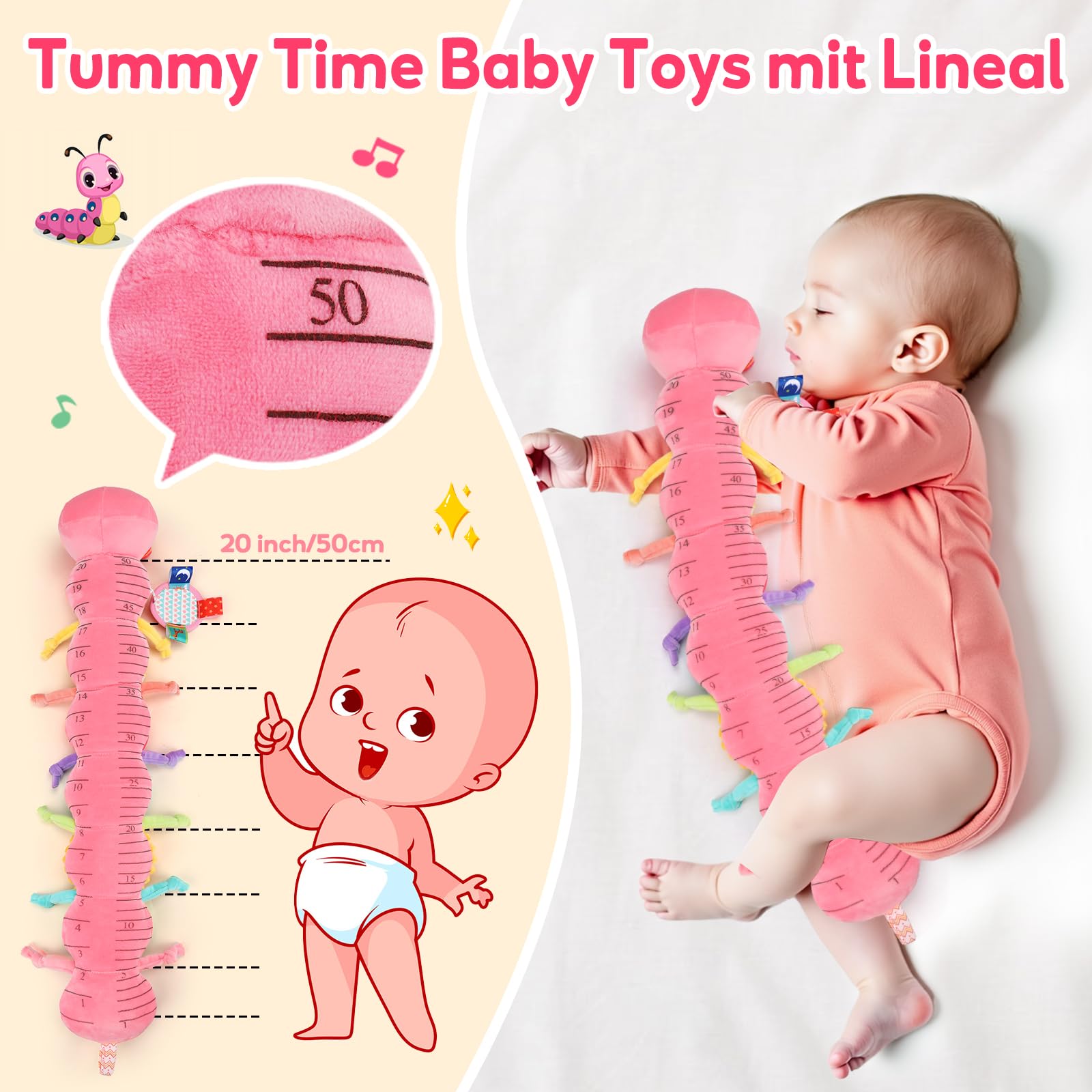 Baby Spielzeug 0 3 6 Monate Raupe Musikspielzeug, Montessori Sensorik SpielzeugBaby Geschenk Mädchen mit Lineal Greifling Rassel Spiegel, Babyspielzeug Neugeborenen Geschenk, Tummy Time Baby Toys