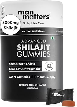 Man Matters Himalayan Shilajit Gummies 3000mg | Lab Tested | No Added Sugar | Ashwagandha, Gokshura | 75% + Fulvic Acid & 85+ Trace Minerals | Shilajit for Men | Non-GMO | 100% Natural | 60 Gummies