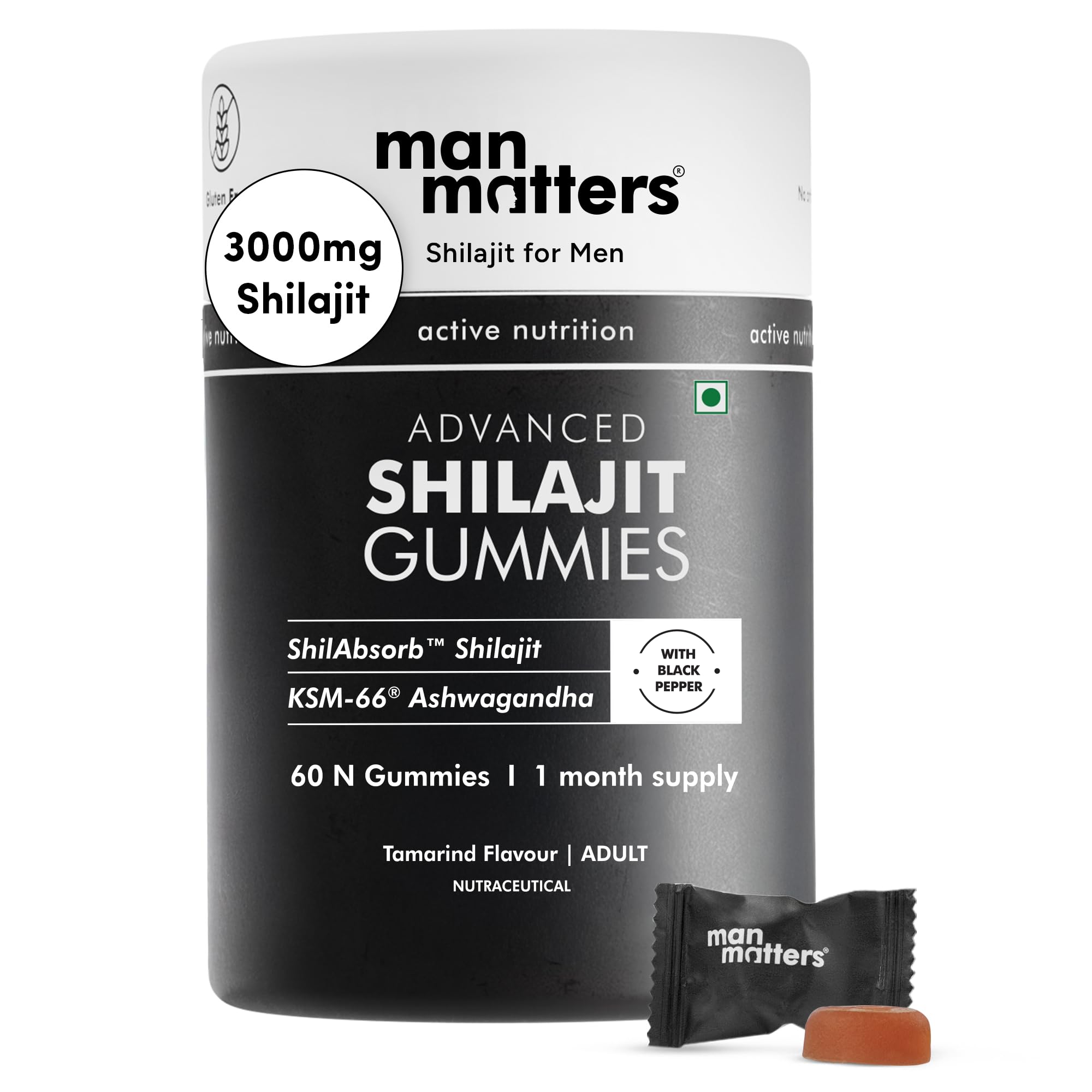 Man Matters Himalayan Shilajit Gummies 3000mg | Lab Tested | No Added Sugar | Ashwagandha, Gokshura | 75% + Fulvic Acid &amp; 85+ Trace Minerals | Shilajit for Men | Non-GMO | 100% Natural | 60 Gummies