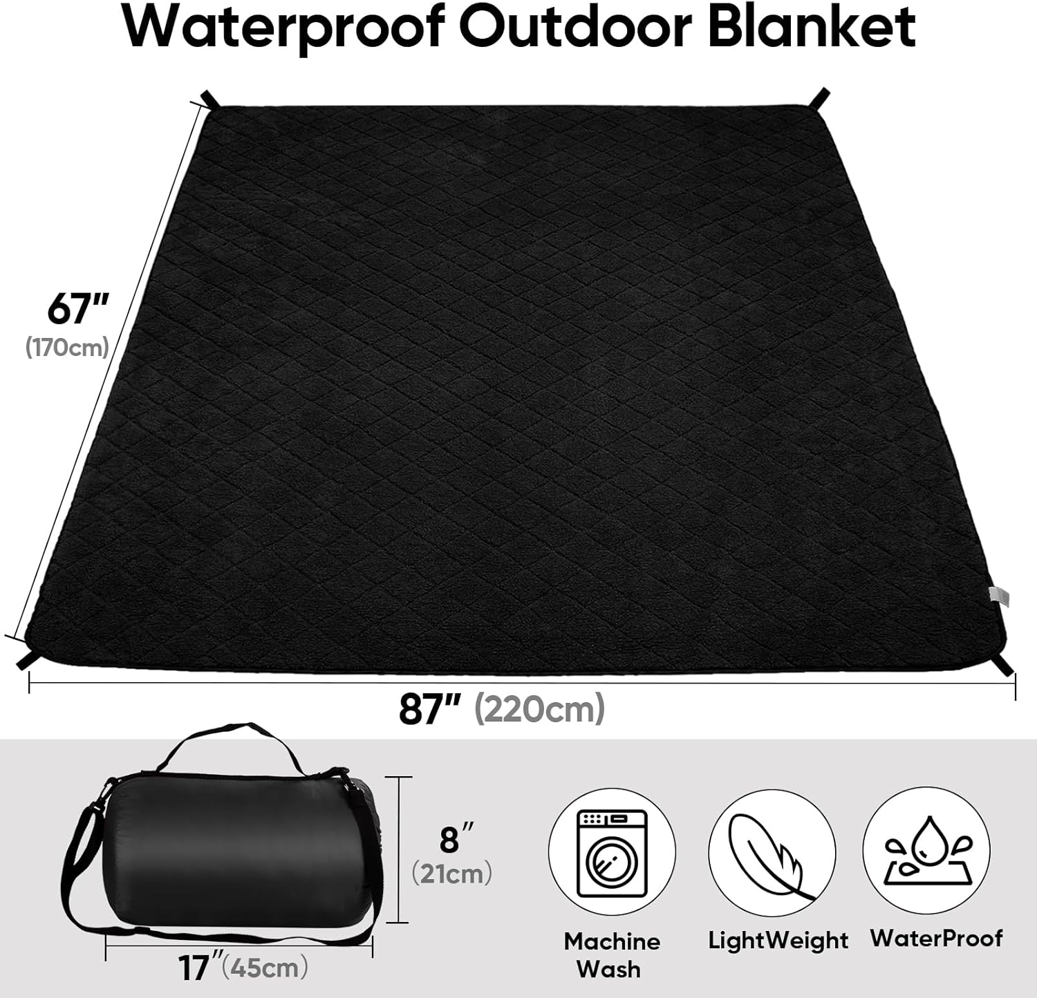Northroad Waterproof Outdoor Blanket w/Sherpa Lining, Large Windproof Camping Blankets for Cold Weather, Light Weight and Warm for Stadium, Hiking, Dog, Picnic, Washable, 67”X 87” (Black, 1PCS)