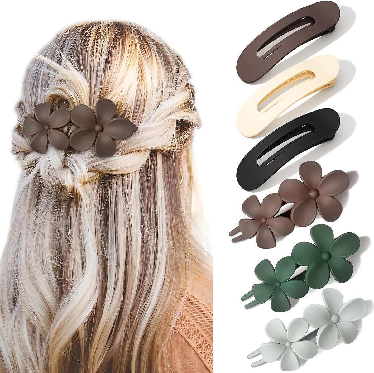 6 pinzas para el cabello planas, 2 estilos Y2K, pinzas para cabello grueso y rizado, grandes, mate, antideslizantes, de sujeción fuerte, accesorios para el cabello con flores de playa para mujeres y niñas, bodas, fiestas de graduación