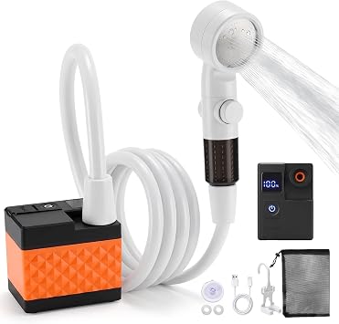 Portable camping shower, 6000mAh rechargeable shower, high-pressure shower, with intelligent LED display, four spray modes, IPX7 waterproof outdoor camping pump, suitable for hiking, cars, pets