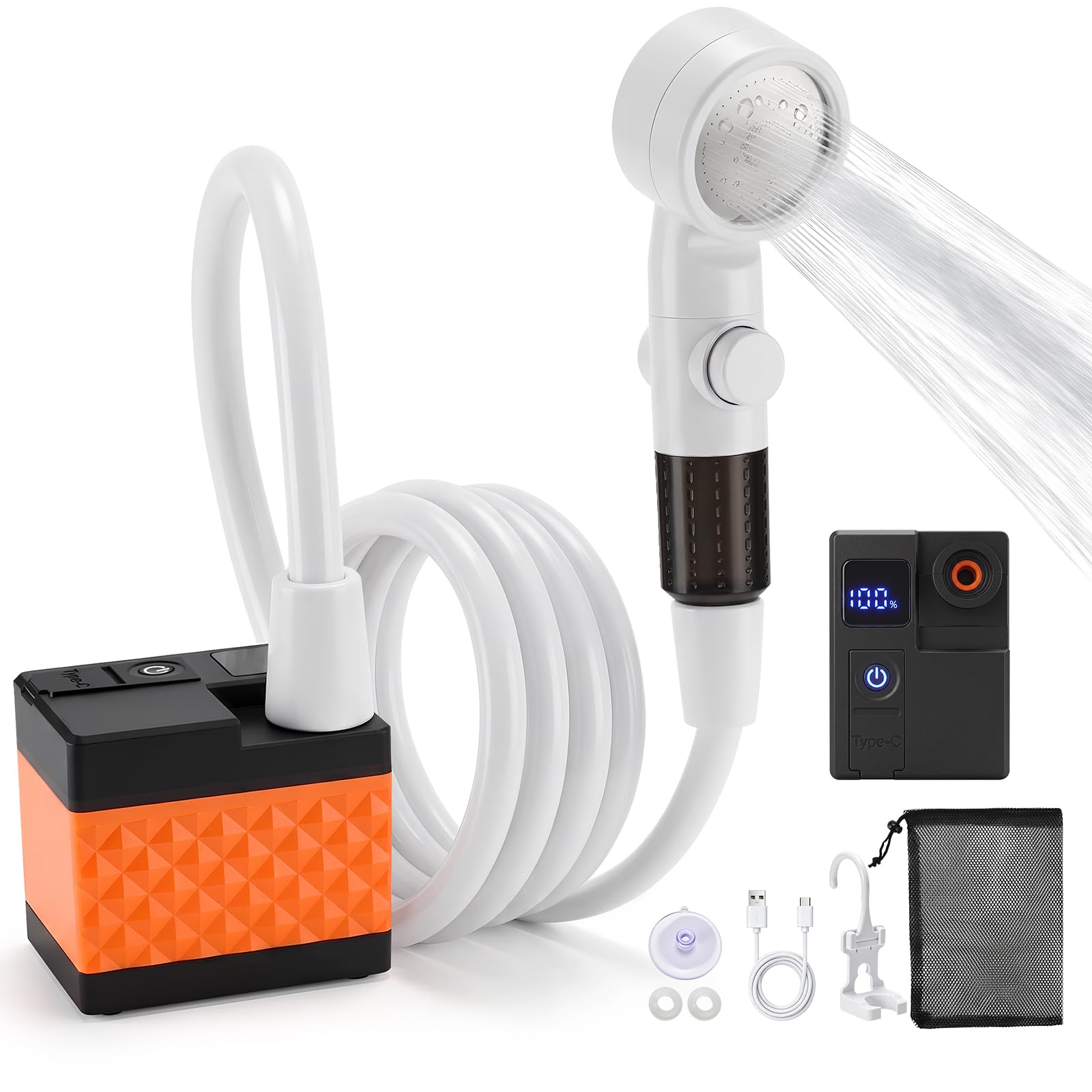 Douche de camping portable, 6000 mAh rechargeable, douche haute pression, avec écran LED intelligent, quatre modes de pulvérisation, pompe de camping étanche IPX7, adaptée pour la randonnée, les