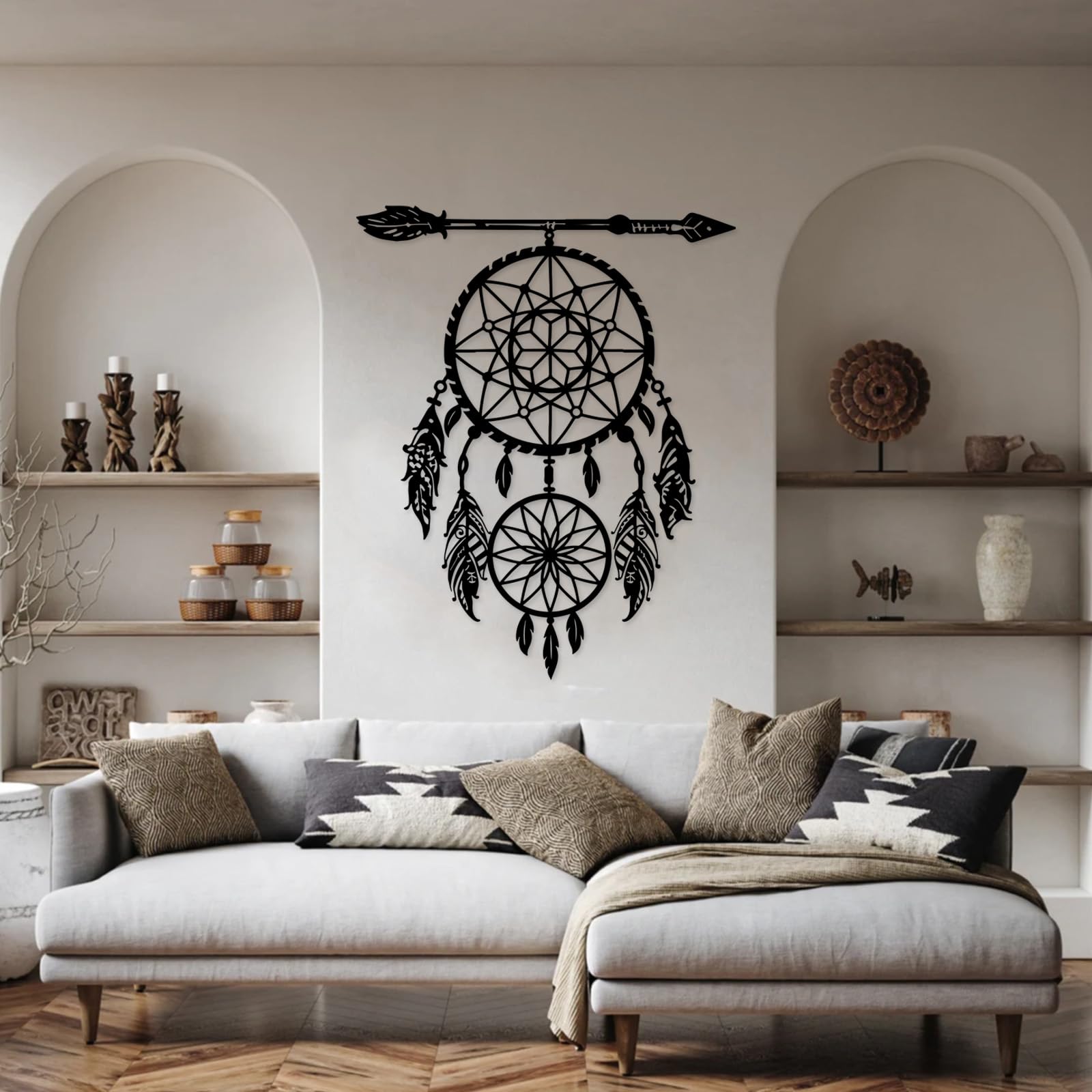 Atrapasueños de Metal Negro, decoración de Pared de Metal, Arte Nativo Americano Bohemio de Metal, Escultura Moderna Decorativa para Sala de Estar, Dormitorio, Pasillo y escaleras.