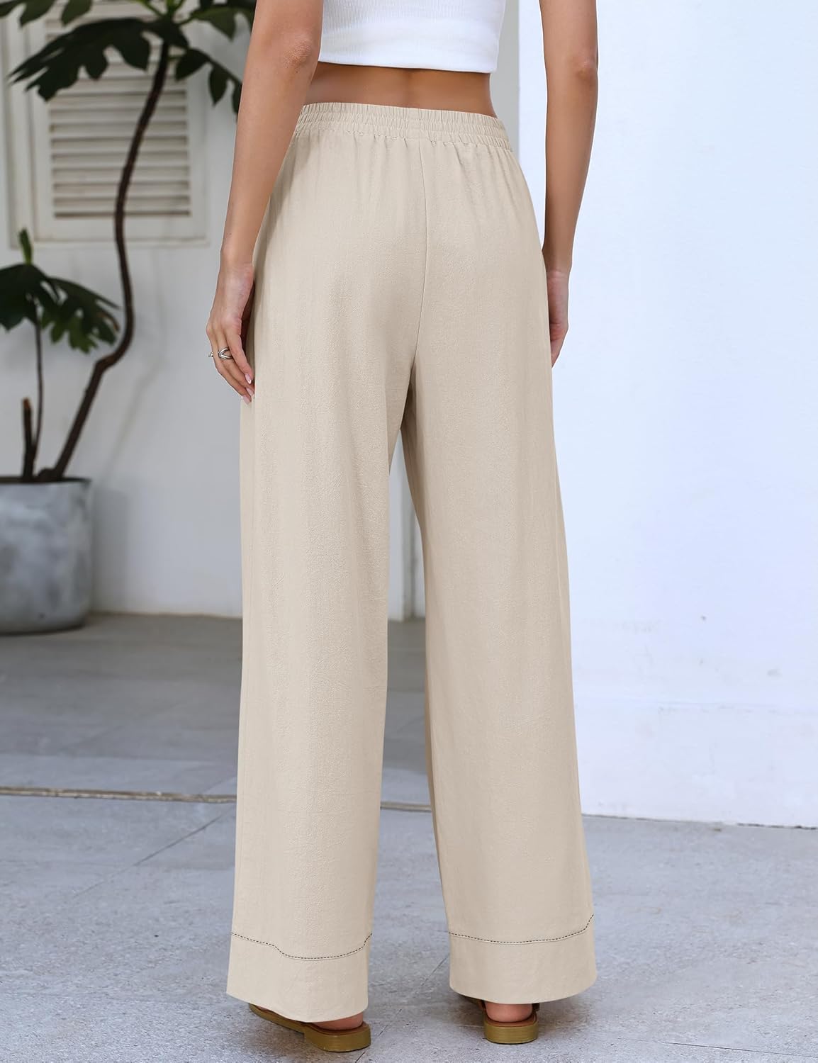 Rapbin Womens Elastic Waist Palazzo Pants Casual Wide Leg Pant Baggy Lounge Trousers with Pockets - Image 4