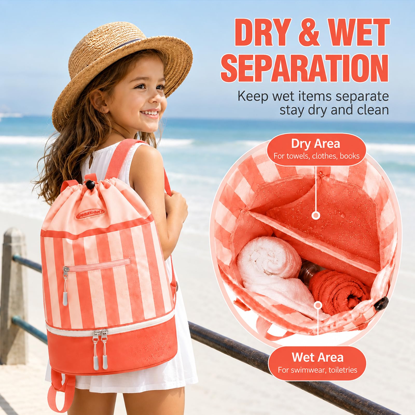 dellyy Mochila de Natación para Niños, Mochila Piscina Niña Impermeable con Compartimento para Zapatos, Bolsa de Natación für Pool, Strand und Reisen (Polvo de naranja)