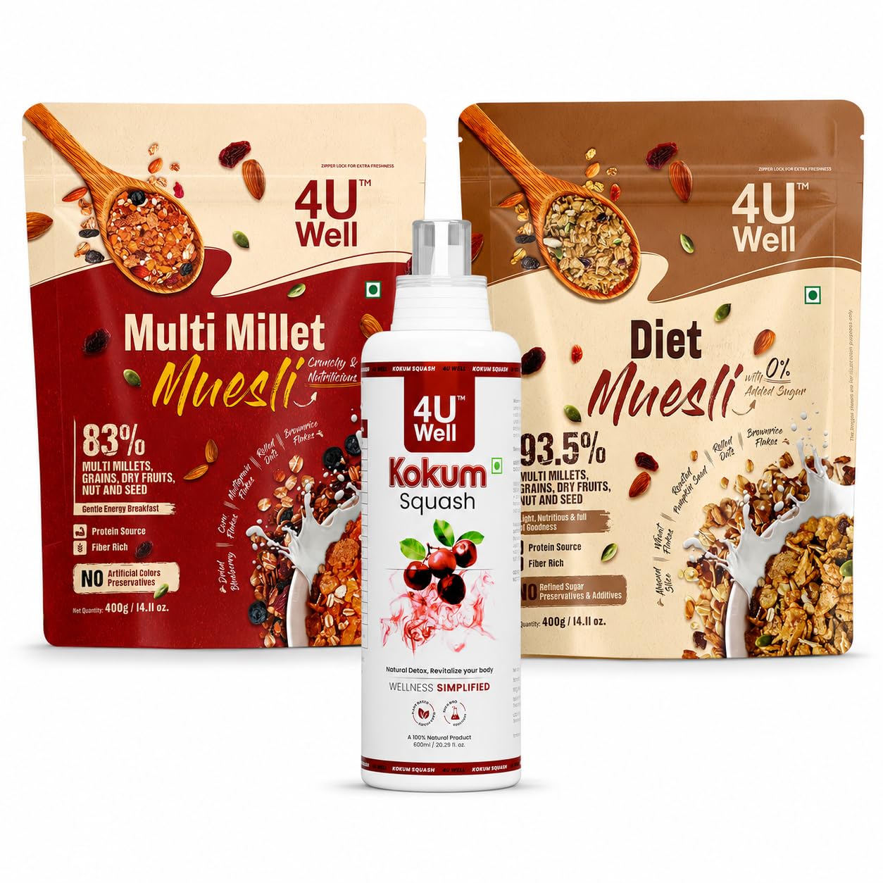 4UWELL Enriched Healthy Breakfast | Kokum Squash 600ml | Multi Millet Muesli 400g | Diet Muesli 400g-image-23