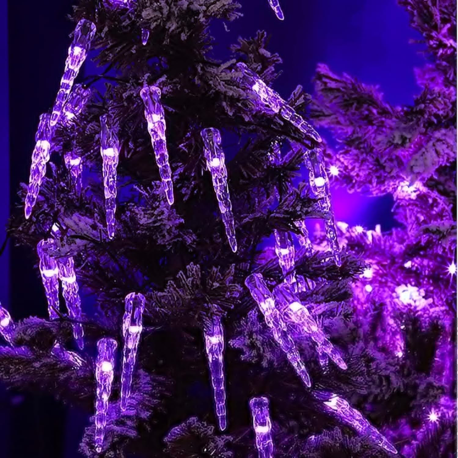 Guirlande lumineuse stalactite LED à piles, 20 m / 200 LED, rideau lumineux féérique en acrylique transparent, pour la décoration de Noël, des fêtes d'hiver (violet)
