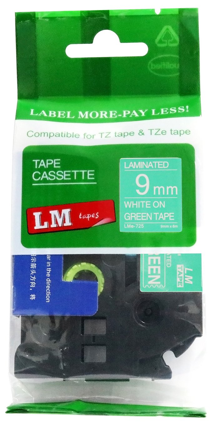 LM Tapes - Brother PT-1890 3/8" (9mm 0.35 Laminated) White on Green Compatible TZe P-touch Tape for Brother Model PT1890 Label Maker with FREE Tape