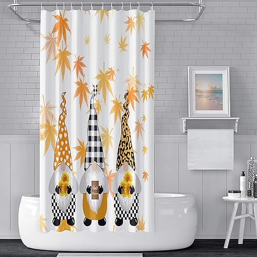 Vista 18 de Yeele Cortinas de ducha de otoño de Acción de Gracias, bonita cortina de ducha de gnomo y calabaza para baño, borde de rejilla blanca y negra