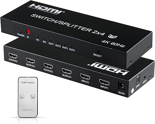 Conmutador divisor de audio HDMI 4K a 60Hz 2 en 4 salidas con control remoto, interruptor HDMI de 2 puertos con audio SPDIF de 0.138in, compatible disponible en Yaxa Colombia