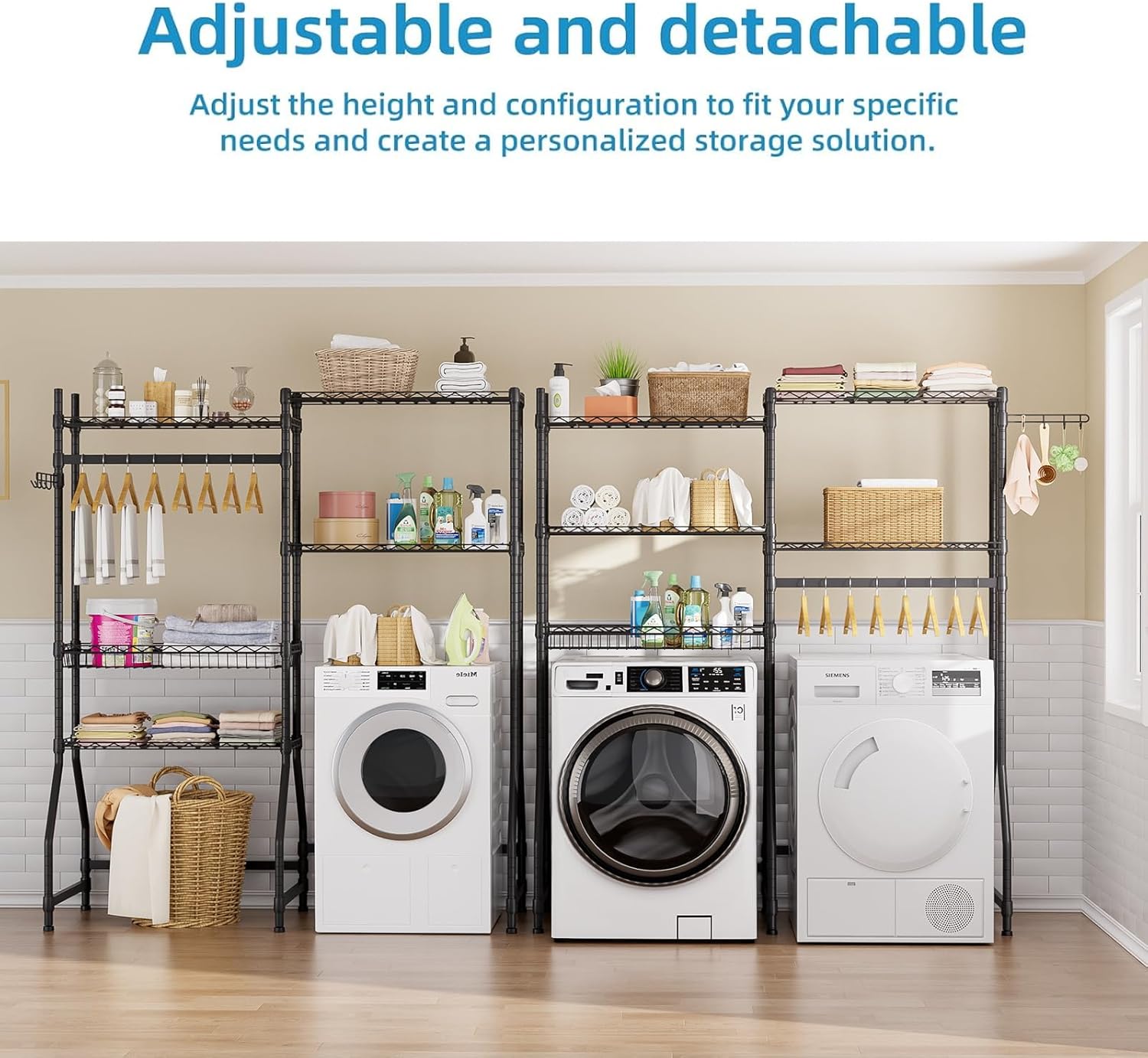 Golpart Over Washer and Dryer Shelves,Heavy Duty Laundry Room Storage Organization Clothes Drying Rack,5 Tier Adjustable Height Wire Shelving and Wire Basket with Hanger Rod&Hook,Space Saving Shelf | Heavy Duty, Clothes Drying Rack, Adjustable Height, Han