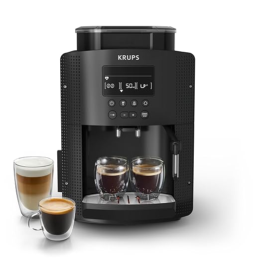 Krups Machine à café Essential, moulin à grains, cafetière expresso, écran LCD, nettoyage automatique, buse à vapeur pour cappuccino noir, YY8135FD