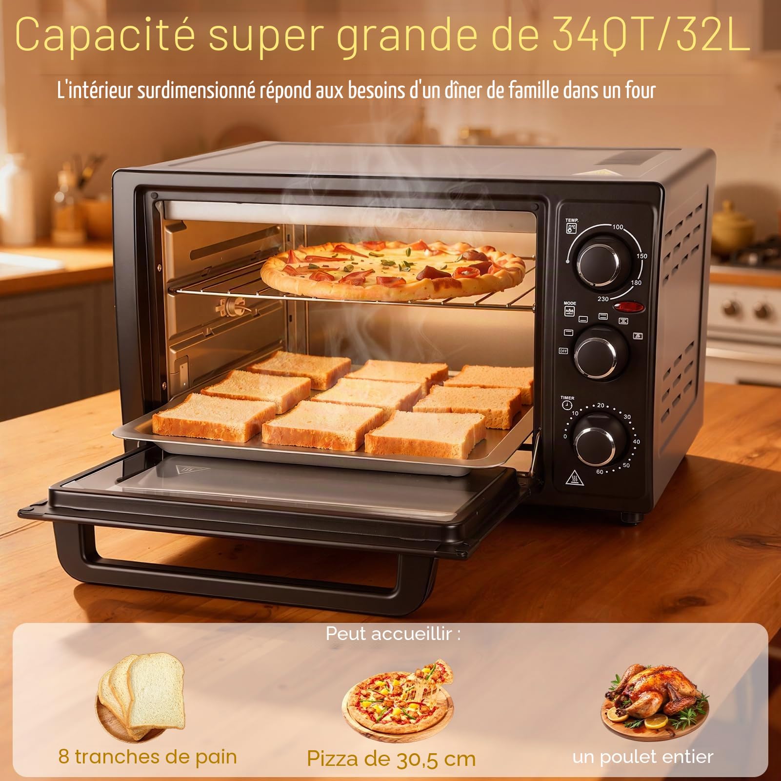 Mini Four Electrique 32L, Four Posable Cuisine, Four Convection Chaleur Tournante 1500W, Four Multifonction Rotisserie Tournebroche, Minuterie 60 Min, Temperature Reglable (Noir)