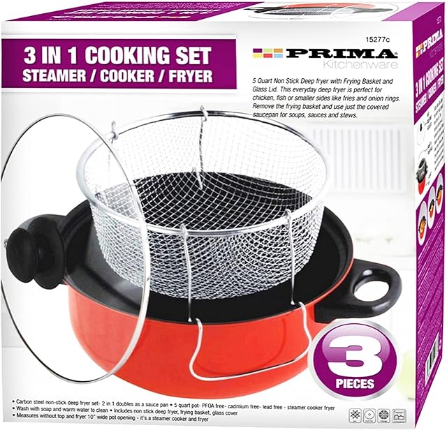 3 in 1 Prima Deep Fryer Cooking Set Home Kitchen Chef Food RED Cooker Chip Fry Pan Non Stick Pot Steamer Basket Glass Lid UK Free P&P
