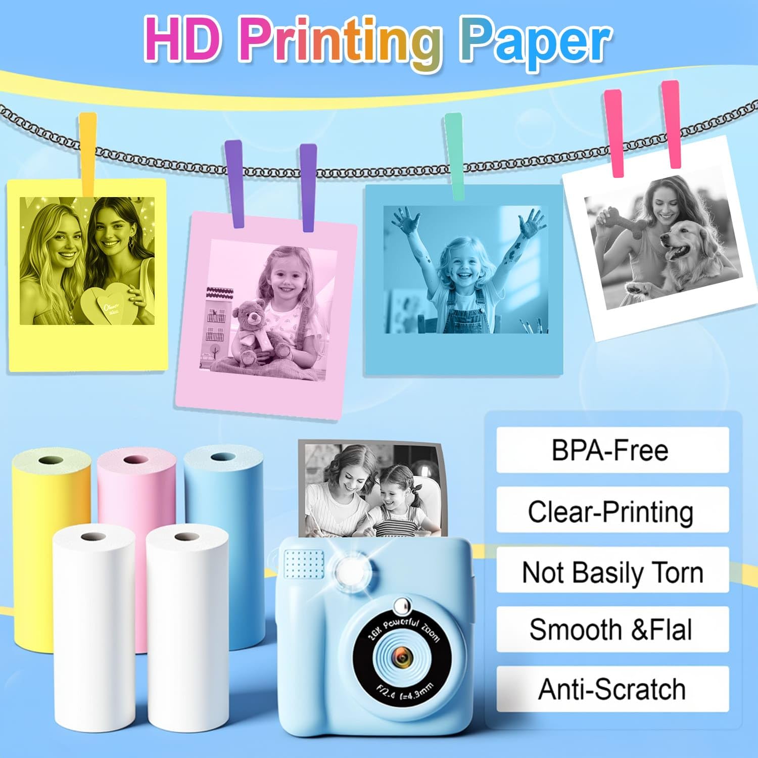 18 rollos de papel de repuesto para cámara para niños, compatible con la mayoría de cámaras de impresión instantánea para niños (2.25 x 1 pulgada)