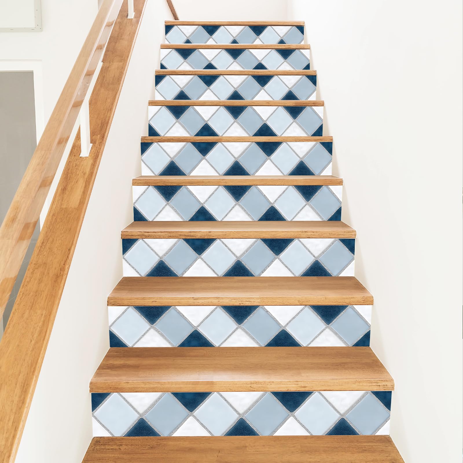 PLIGREAT 15 Strips Ceramic Tile Pattern Stair Riser Decals, Peel and Stick Stair Stickers for Steps 18x100cm Self-Adhesive Vinyl Geometry Style Staircase Murals Decor for Home Hotel