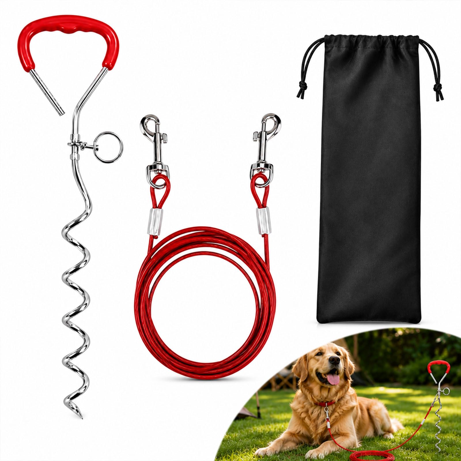 Heavy Duty Dog Stake and Tie Out Cable 10ft for Medium Dogs (Red)