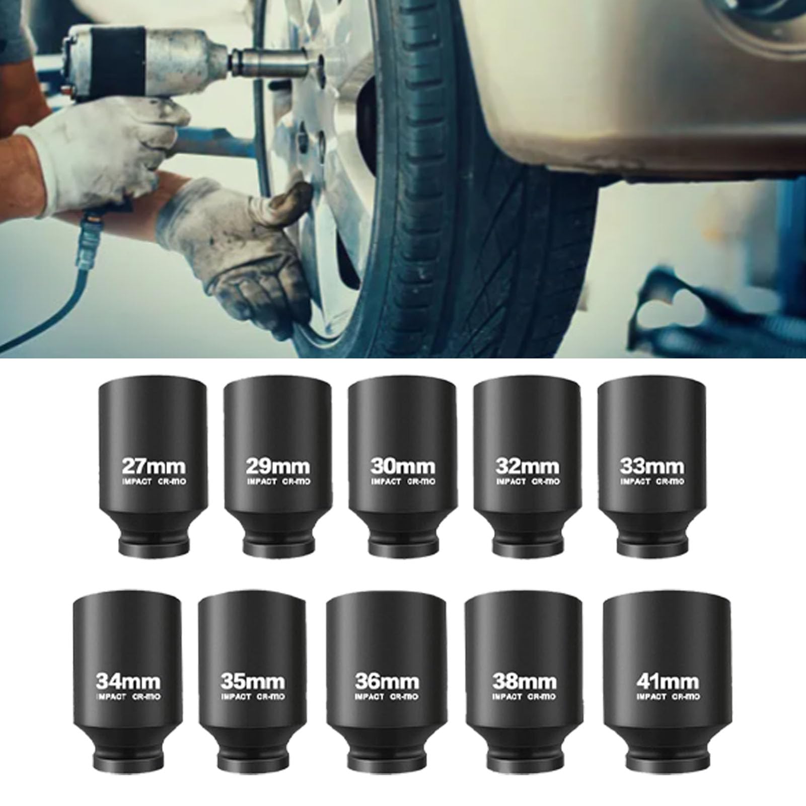 Set di 10 prolunghe a bussola profonda, attacco da 1/2 pollice, misure metriche da 27 mm a 41 mm, set di boccole in acciaio Cr-Mo ad alta resistenza con design a 6 punte, include