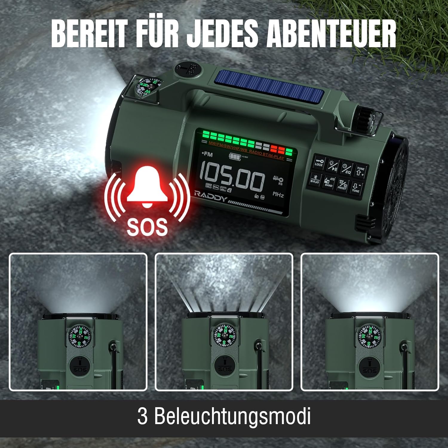 Raddy SH-907 emergency features: SOS alarm and three flashlight modes