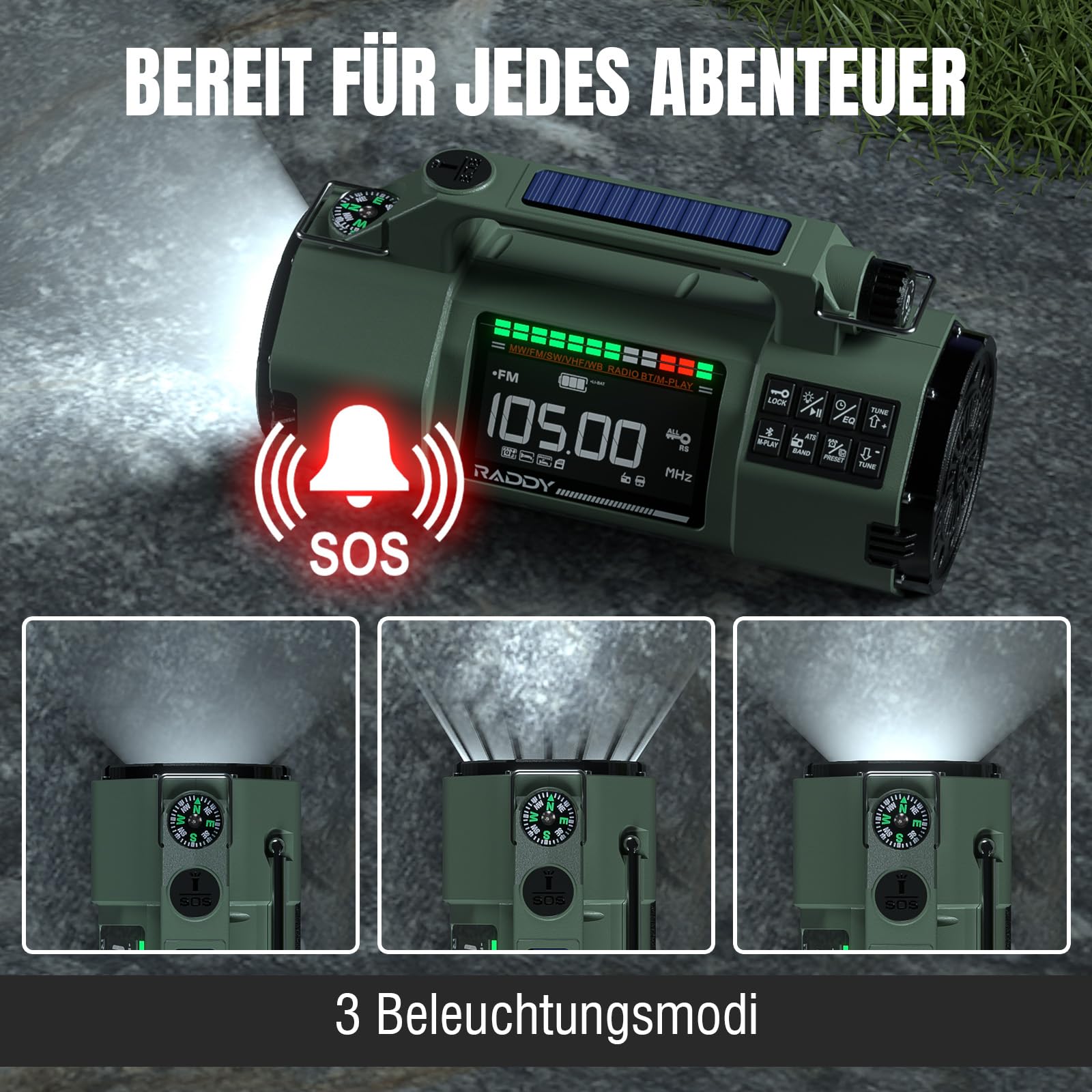 Raddy SH-907 radio awaryjne z kontrolą przez aplikację, radio na korbkę, słoneczne, ręczne, zakrzywione, odbiornik AM/FM/SW/VHF z wymienną baterią 5000 mAh, latarka, SOS, kompas na braki prądu