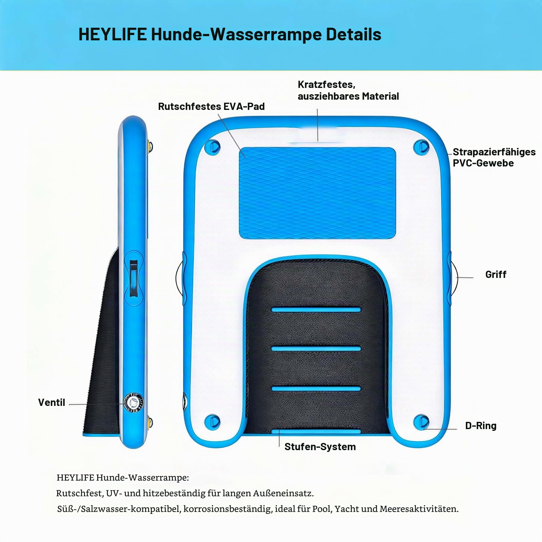 HEYLIFE Aufblasbare Hunde Wasserrampe bis 100 kg Schwimmend Pool See Blau | Hunderampen UV & Salzwasserfest 150×100×10 (cm) Rutschfeste kratzfeste EVA-Auflage Doppelhub-Handpumpe & Zubehörset