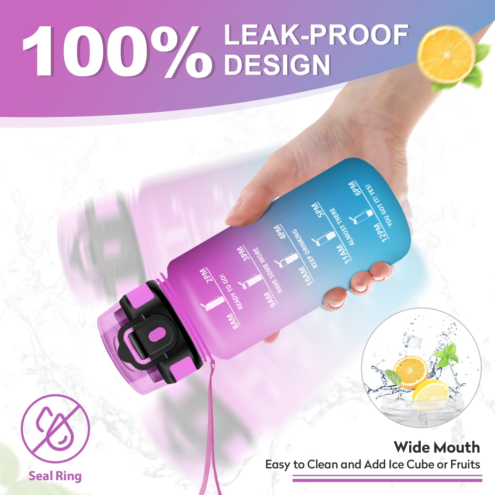 Borraccia 500ml, Bottiglia Acqua A Prova di Perdite, Borraccia con Cannuccia e Marcatori Temporali, Bottiglia Riutilizzabile, senza BPA, Borraccia Motivazionale per Bambini, Scuola, Ufficio, Yoga