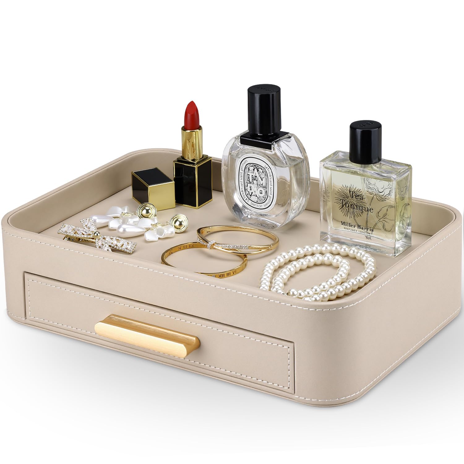 GORESE Taschenleerer, Leder Valet Tablett mit Schublade Nachttisch Ablageschale Schmuckaufbewahrung Dekotablett Schreibtisch Aufbewahrungsbox für Schmuck,Kosmetik,Schlüssel,Schreibwaren(Beige)