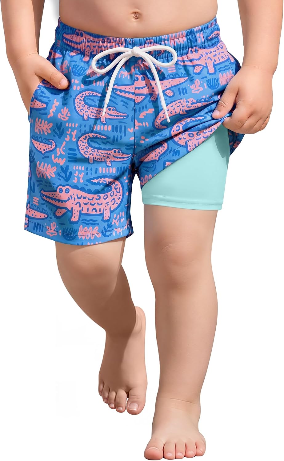 Toddler Boys Swim Trunks with Compression Liner & Pockets Stretch Quick Dry Swim Shorts Drawstring Swimsuit, 18M-5T
