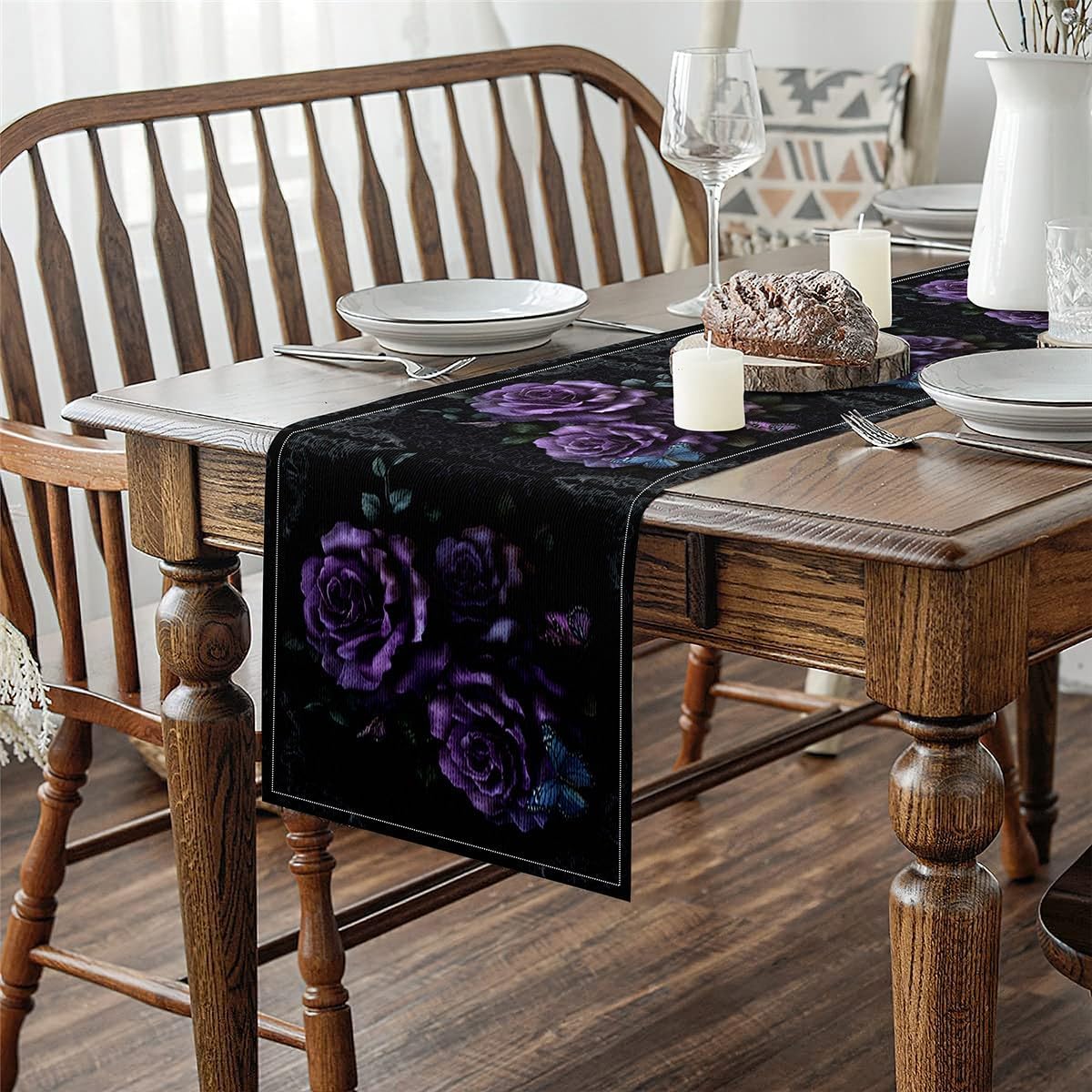 Erosebridal Purple Rose Table Runner 13x120, Butterflies Table Runners, Boho Floral Banquet Leaves Botanical Rectangular Runner, Romantic Women Black Purple Blue Dresser Runners