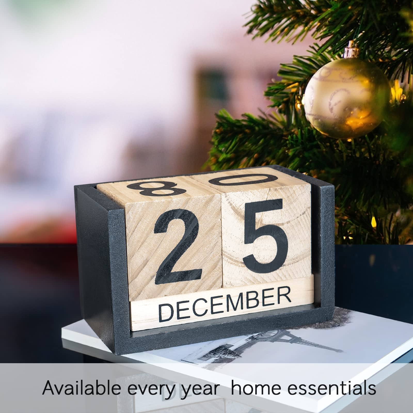 Notakia Wooden Desk Blocks Calendar Perpetual Block Month Date Display Large Black Wood Color) - Image 2